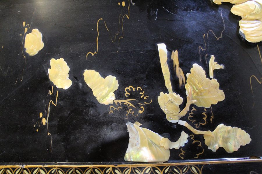 Large early 20th century lacquered panel with mother of pearl decoration (some damage) 30cm x 90cm - Image 2 of 3