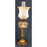 19th century copper & brass paraffin lamp with glass reservoir and etched glass shade