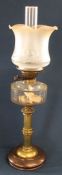 19th century copper & brass paraffin lamp with glass reservoir and etched glass shade