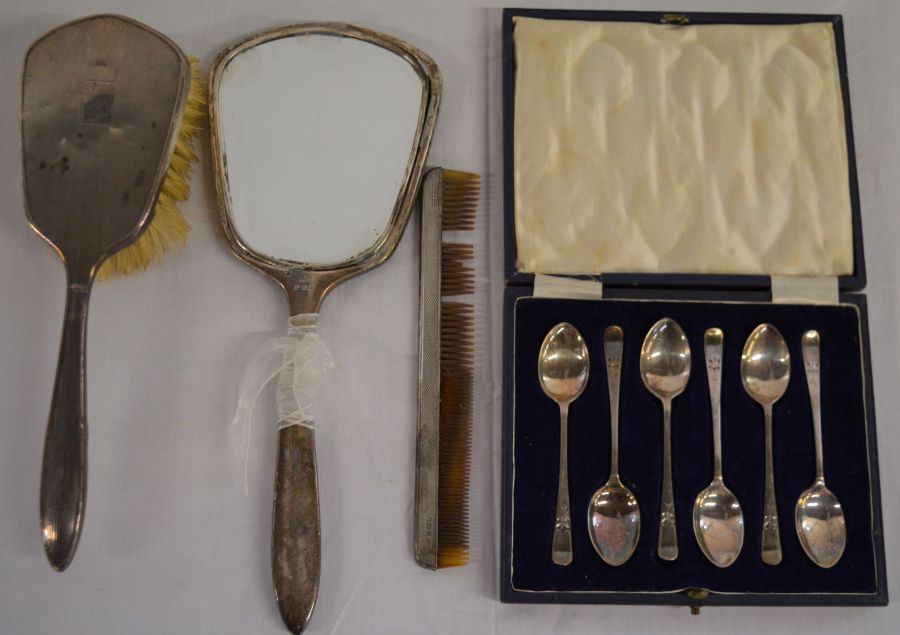 Cased set of silver teaspoons & silver backed mirror (broken), brush & comb