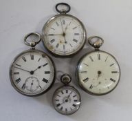 2 silver marked pocket watches, 0.800 pocket watch and 0.800 ladies fob watch