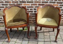 Pair of carved tub chairs (one with tapestry seat) for re-upholstery