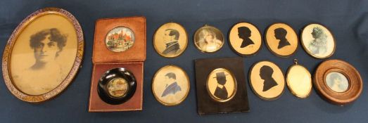 Pair of oval framed watercolours depicting profiles of 19th century gentlemen, 4 silhouettes, two