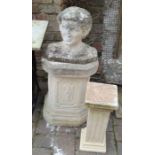 2 classical garden columns and the bust of a young man (with broken nose)