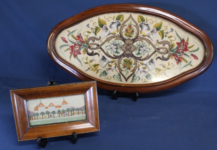 Victorian needlepoint and beadwork teapot stand and small framed needlepoint scene