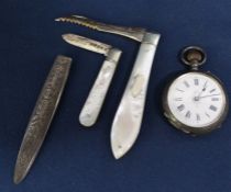 2 mother of pearl fruit / pen knives with silver blades, silver mount & silver crown wind fob