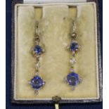 Pair of tested as 15ct gold, cornflower blue sapphire & diamond drop earrings 3.90g approx. sapphire