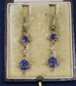 Pair of tested as 15ct gold, cornflower blue sapphire & diamond drop earrings 3.90g approx. sapphire
