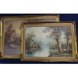 Pair of Continental gilt framed oils on canvas depicting river and forest scenes by I Cafieri,