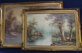 Pair of Continental gilt framed oils on canvas depicting river and forest scenes by I Cafieri,