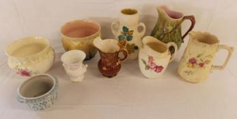 Collection of jugs and planters including Crown Devon, Mintons and Ellgreave