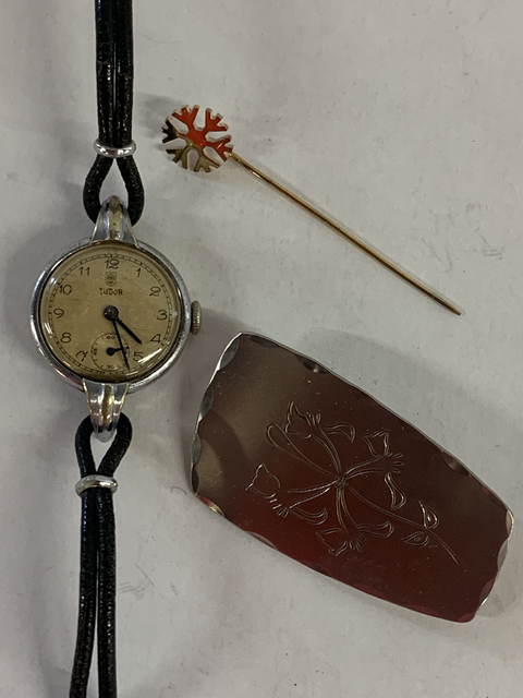 Tudor ladies wristwatch double strand leather strap, white metal brooch and yellow metal tie pin