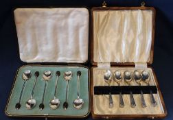 Cased set of 6 silver coffee bean spoons, Sheffield 1915, 1.56ozt & set of 5 silver teaspoons