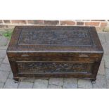 Oriental carved wooden chest, W89cm x D42cm x H47cm