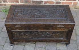 Oriental carved wooden chest, W89cm x D42cm x H47cm