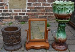 Carved wooden plant pot, small Victorian toilet mirror and majolica jardinière on stand (cracked)