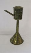 Brass oil lamp filler, with detachable pourer and repoussé decoration, H 24.5cm