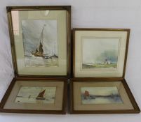 Framed watercolour depicting Norfolk broads by Harry Bird, gilt framed watercolour depicting sailing