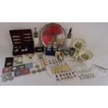 Collection of items including Bunnykins breakfast set, silver plate tray and cutlery, coins