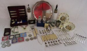 Collection of items including Bunnykins breakfast set, silver plate tray and cutlery, coins