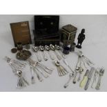 Metal cash box, Cadburys tin, condiment set, collection of silver plate and a wooden tribal figure
