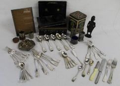 Metal cash box, Cadburys tin, condiment set, collection of silver plate and a wooden tribal figure