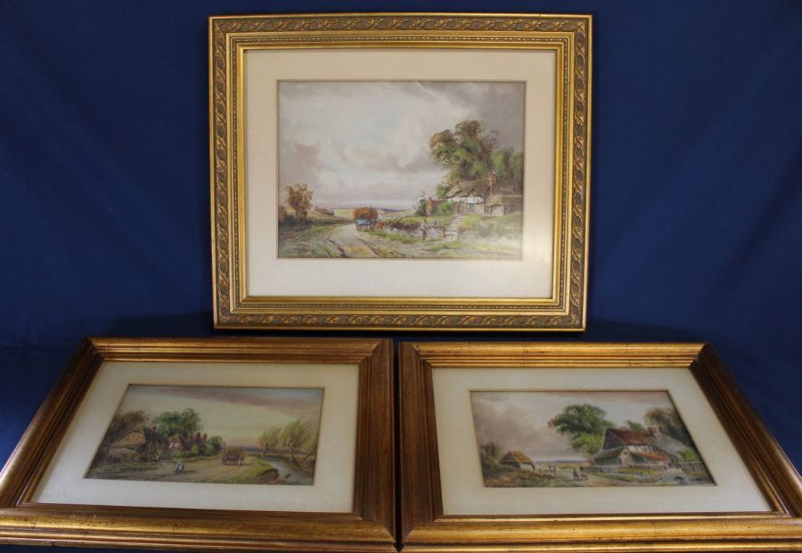Set of three framed watercolours depicting countryside and cottage views signed E ? (indistinct