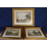 Set of three framed watercolours depicting countryside and cottage views signed E ? (indistinct