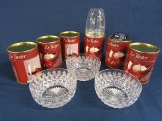 6 boxed Le Taster - wine tasting glasses and 3 cut glass finger bowls