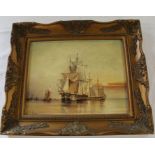Gilt framed oil on board depicting galleon and smaller vessels with windmill in the background,
