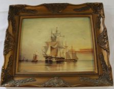 Gilt framed oil on board depicting galleon and smaller vessels with windmill in the background,