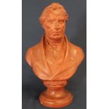 19th century terracotta bust of gentleman, signed on reverse  A ? on socle base, 43cm high