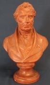 19th century terracotta bust of gentleman, signed on reverse  A ? on socle base, 43cm high