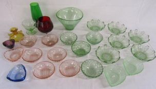 Collection of coloured glass includes bowls, dishes etc