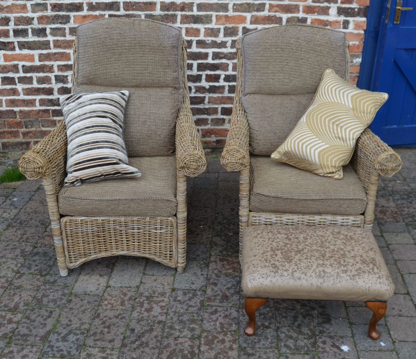 2 wicker conservatory chairs and leather footstool