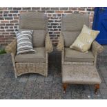 2 wicker conservatory chairs and leather footstool
