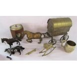 Collection of brass and metal items including a large horse and cart approx. 51cm long, barrel