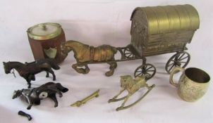 Collection of brass and metal items including a large horse and cart approx. 51cm long, barrel