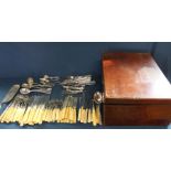 Mixed lot of silver plated cutlery, some with ivorine handles and mahogany canteen box with
