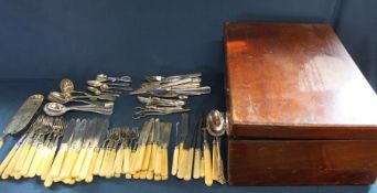 Mixed lot of silver plated cutlery, some with ivorine handles and mahogany canteen box with