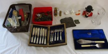 Cased fish servers and knives and forks (af), reproduction cast iron money box, souvenir spoons,