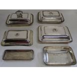 3 silver plated entree dishes with covers, 1 further cover & base and EPNS rectangular dish