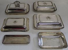 3 silver plated entree dishes with covers, 1 further cover & base and EPNS rectangular dish