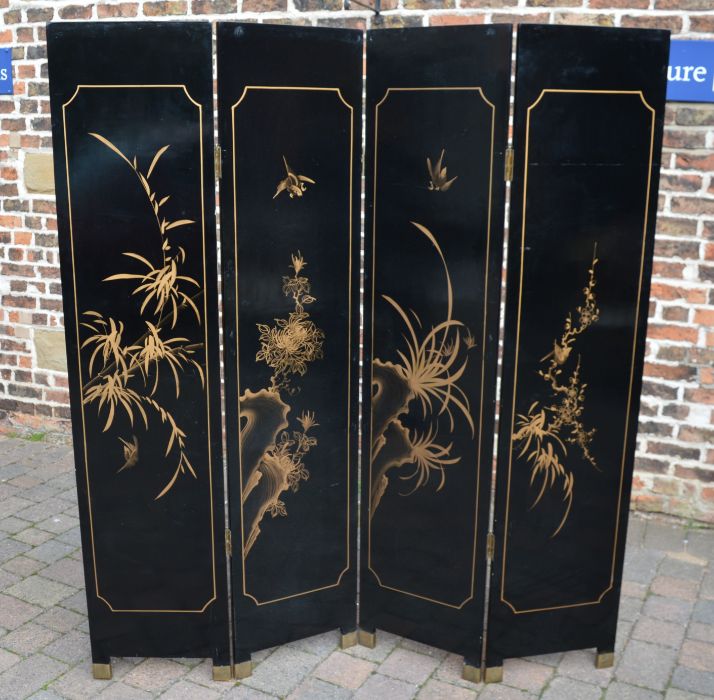Large Oriental four panel screen with lacquer & gilt decoration , HT183cm 4 x 41cm panels - Image 3 of 3