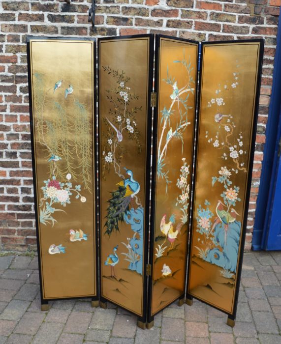 Large Oriental four panel screen with lacquer & gilt decoration , HT183cm 4 x 41cm panels