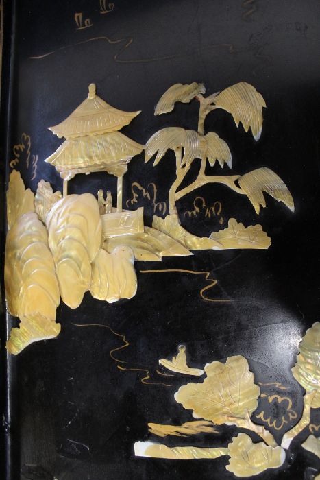 Large early 20th century lacquered panel with mother of pearl decoration (some damage) 30cm x 90cm - Image 3 of 3