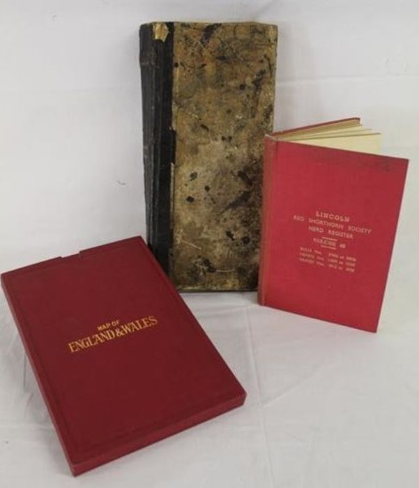 1898 ledger, Vol. 48 Lincolnshire red herd book and a set of 2 silk backed bound maps of England &