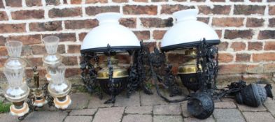 Pair of hanging converted cantilever paraffin lanterns & decorative 4 branch light fitment