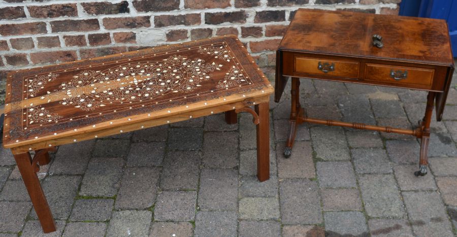 Reproduction sofa table (castor to reattach) and a bone inlaid coffee table