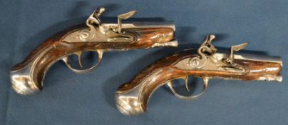 Pair of 19th century pocket flintlock pistols stamped (possibly Clert's) Paris with inlaid white